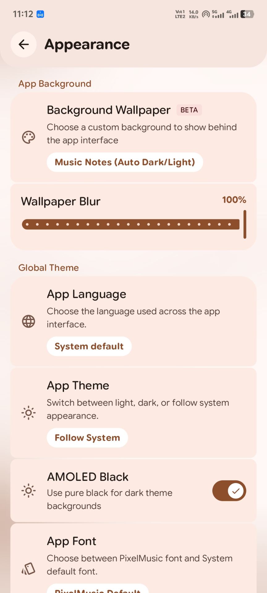 Appearance settings with AMOLED black and background wallpapers