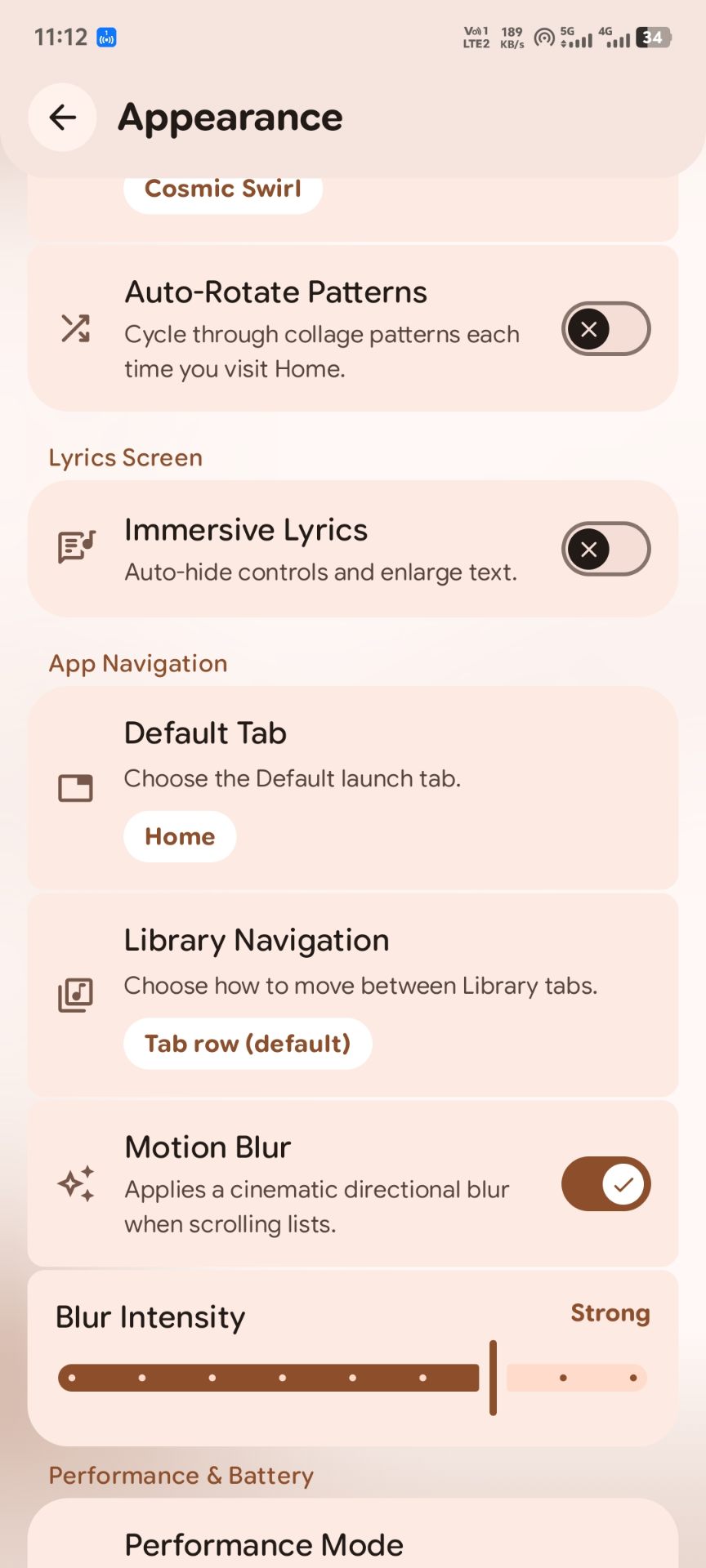 Navigation settings, motion blur intensity, and immersive lyrics