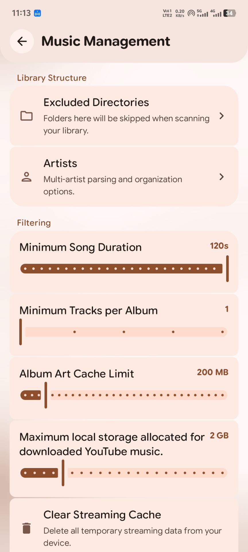 Music management settings with folder exclusions and duration filters