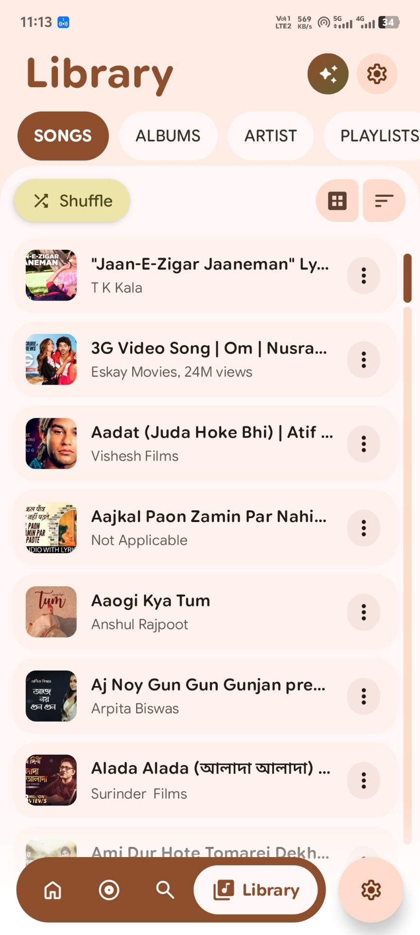 Songs library with quick shuffle and sorting