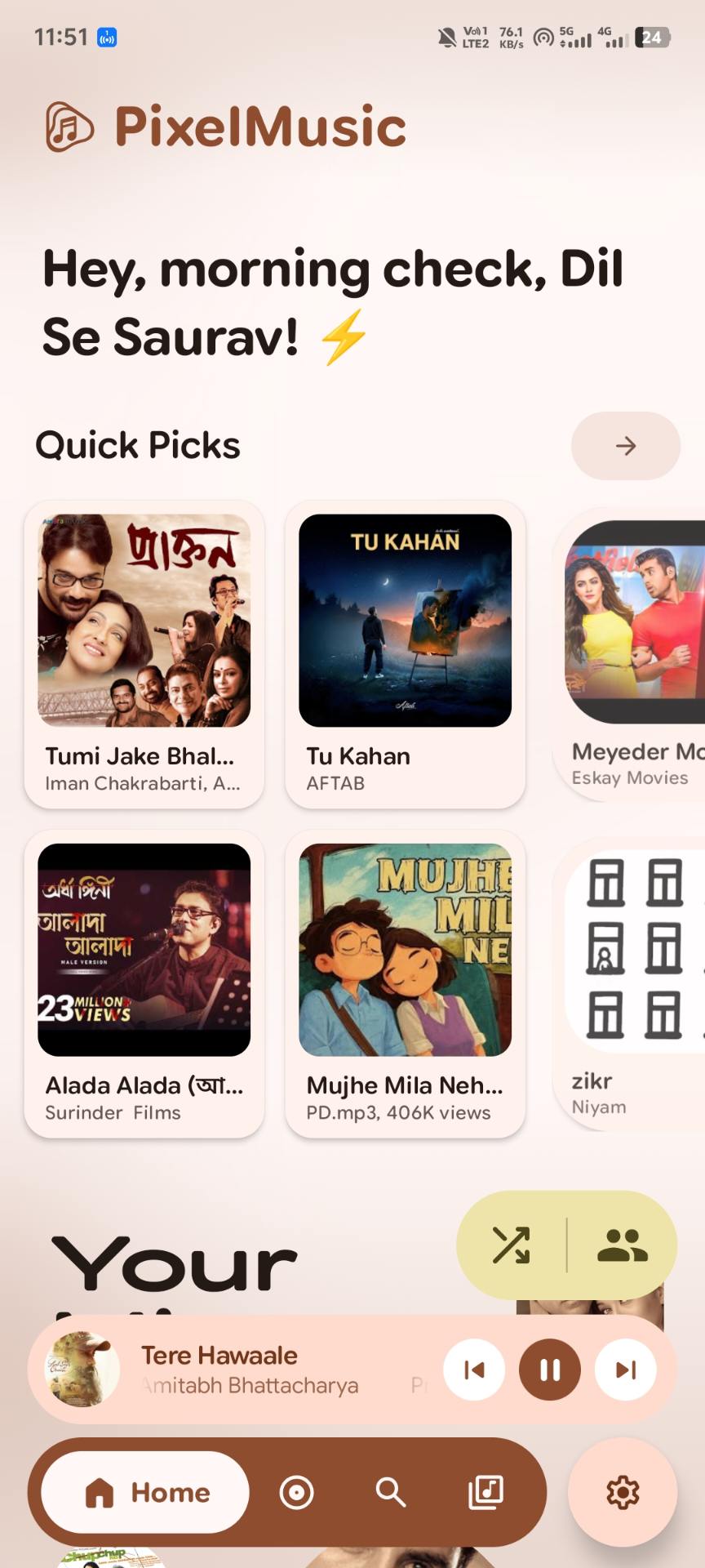 PixelMusic Home feed with quick picks and personal mix